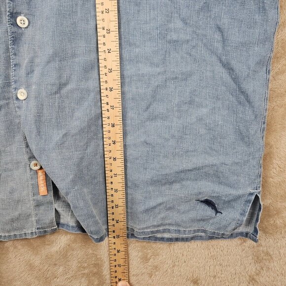 Tommy Bahama Denim Shirt 100% Linen Buttons Blue Short Sleeve Men's Sz XLT Tall - Picture 4 of 10